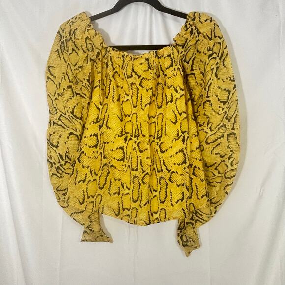 FRAME Off-The-Shoulder Billow Top XS | Yellow Black Python Print Blouse - Picture 2 of 5